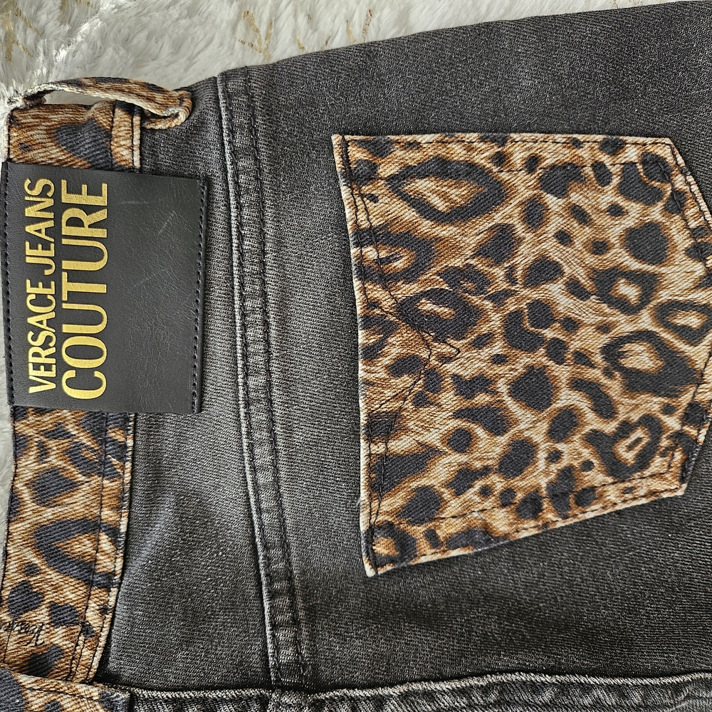 Versace Black and Brown Leopard Skinny Jeans